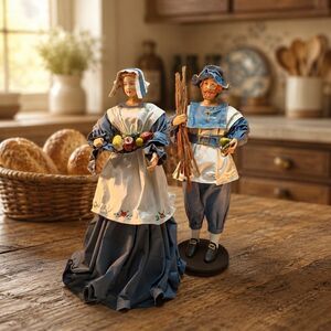 2 Vintage Pilgrim Paper Mache 15" Figurines, Traditional Thanksgiving Table Deco